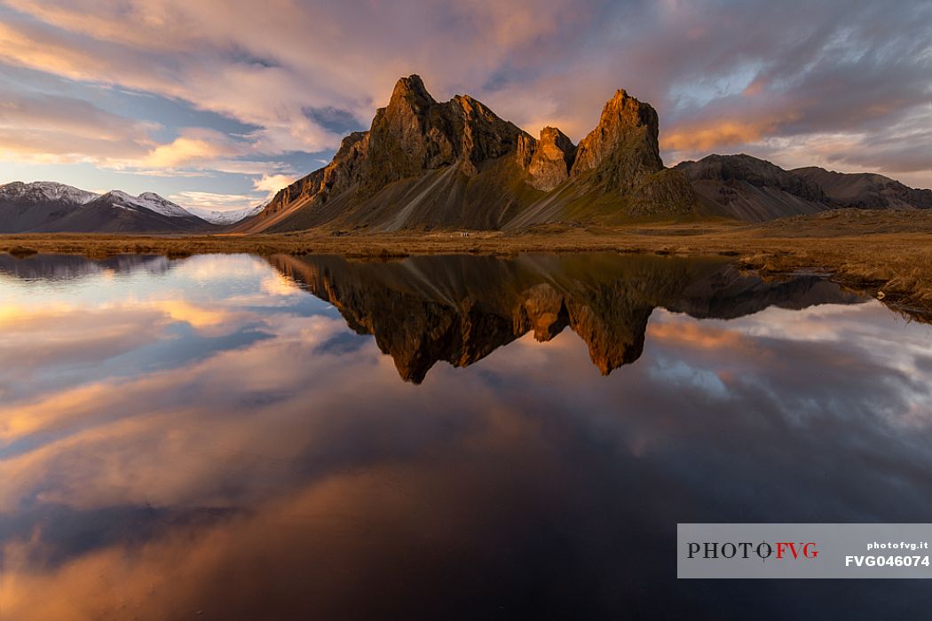 Eystrahorn mountain reflected on the water, south west of Iceland, Europe